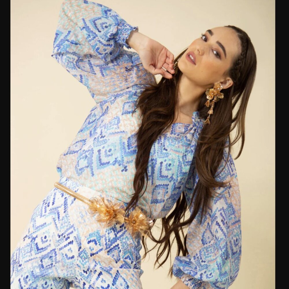 Hale Bob‎ size XS Lyla Top Blue Cream Mosaic Artsy Geometric Blouse